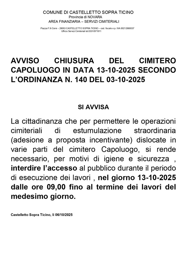 Avviso di chiusura del cimitero Capoluogo
